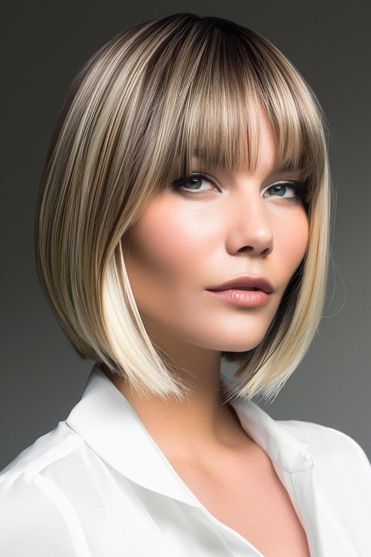 Executive Straight Bob Hairstyle with Highlighted Bangs for Professional Settings