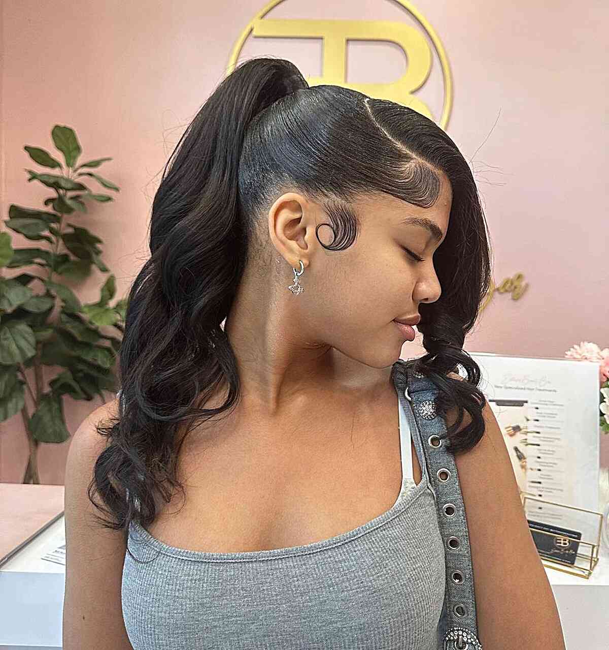 Extended Ponytail Updo with Long Deep Side Part Fringe for Young Black Ladies