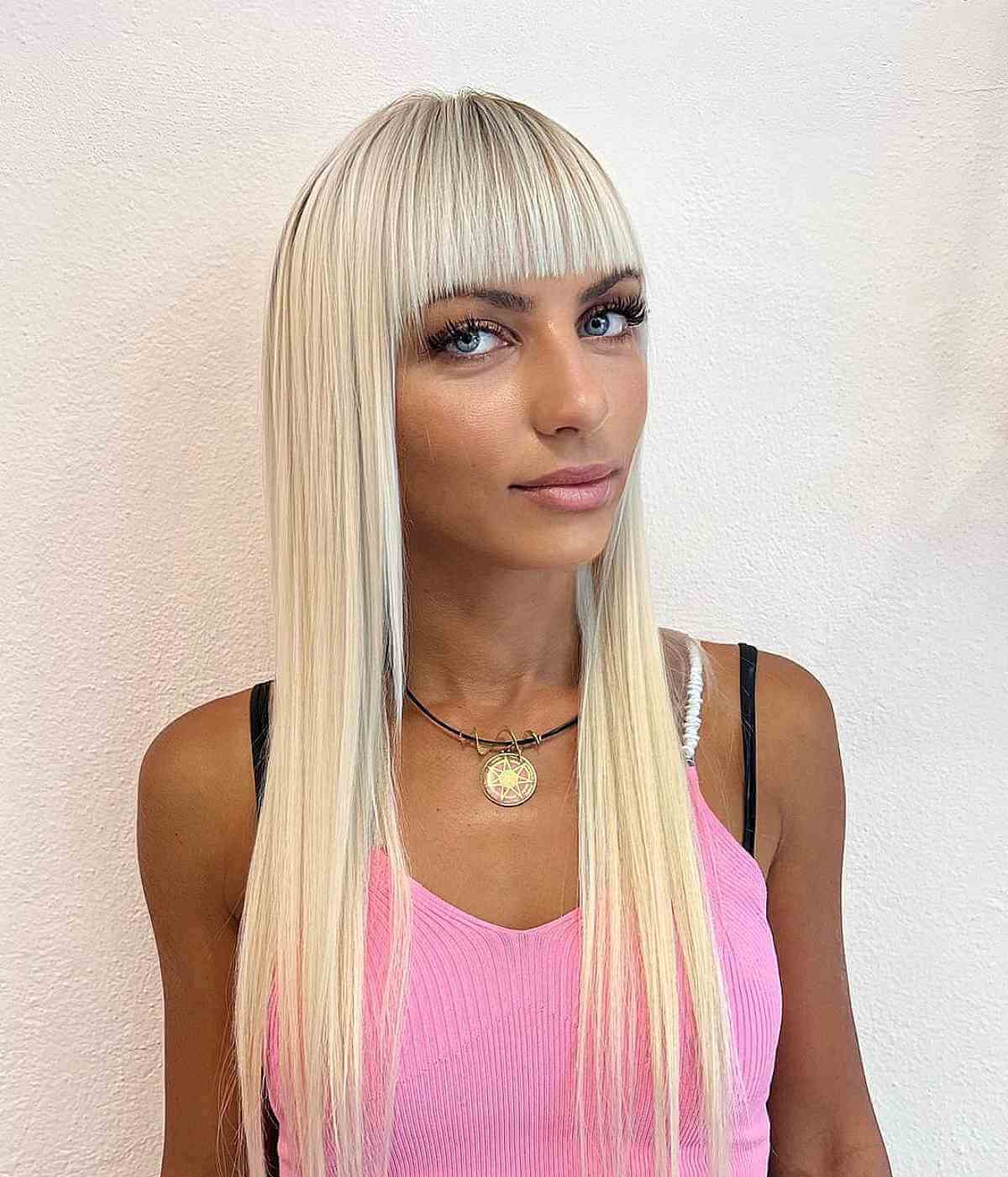 Extra Long Blonde Straight Hairstyle with Bangs