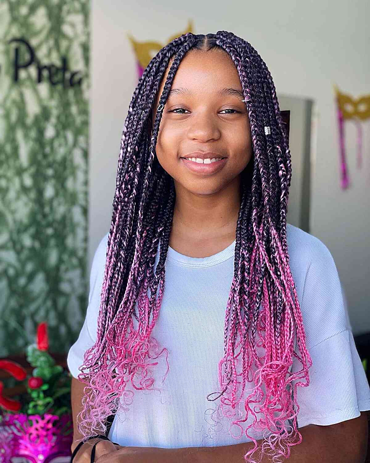 Extra Long Box Braids with Pink Ends and Ribbons for Little Girls