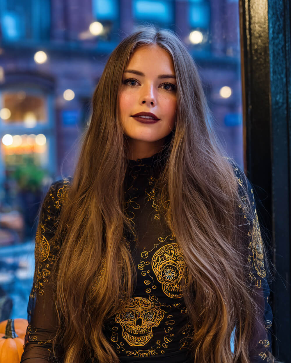 Extra long chestnut brown waves with center part, classic Halloween hairstyle