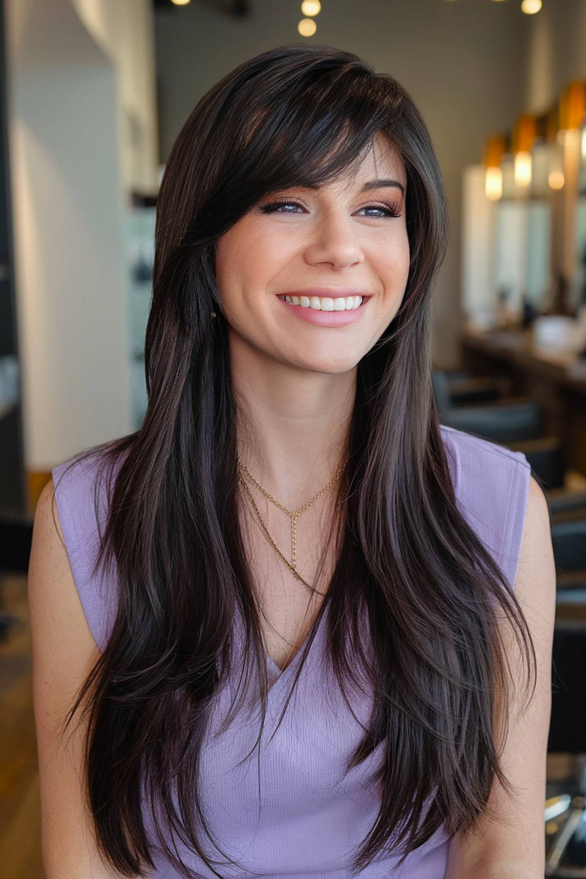 Extra-long layered haircut with side bangs for added volume and flow