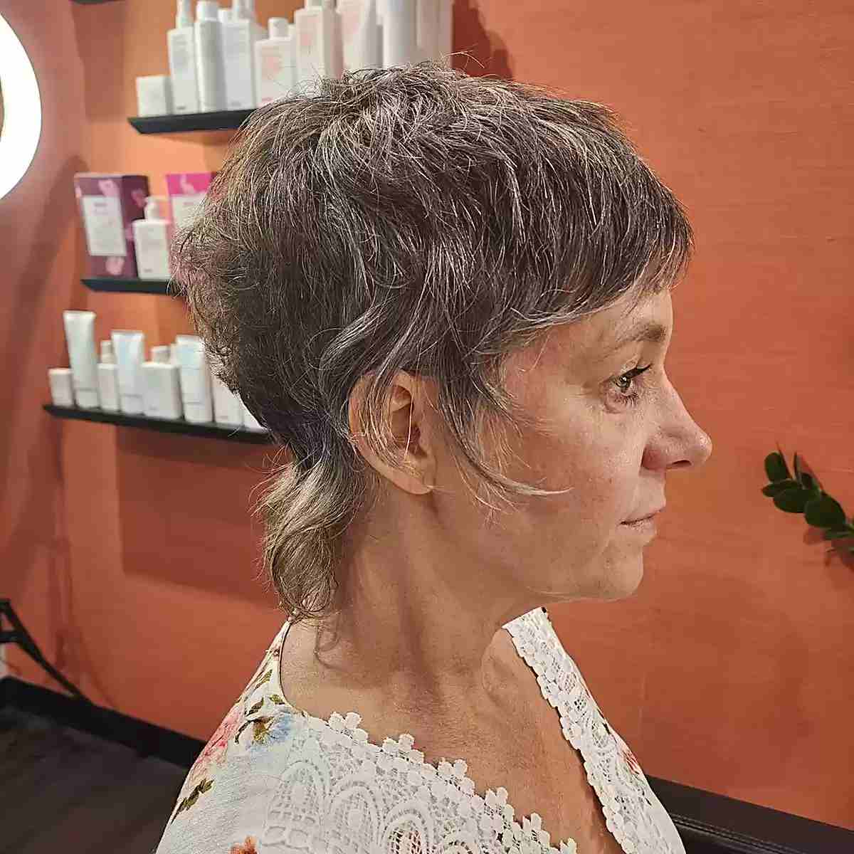 Extra Short Graduated Pixie Shag Mullet with Bangs on Older Ladies over 70