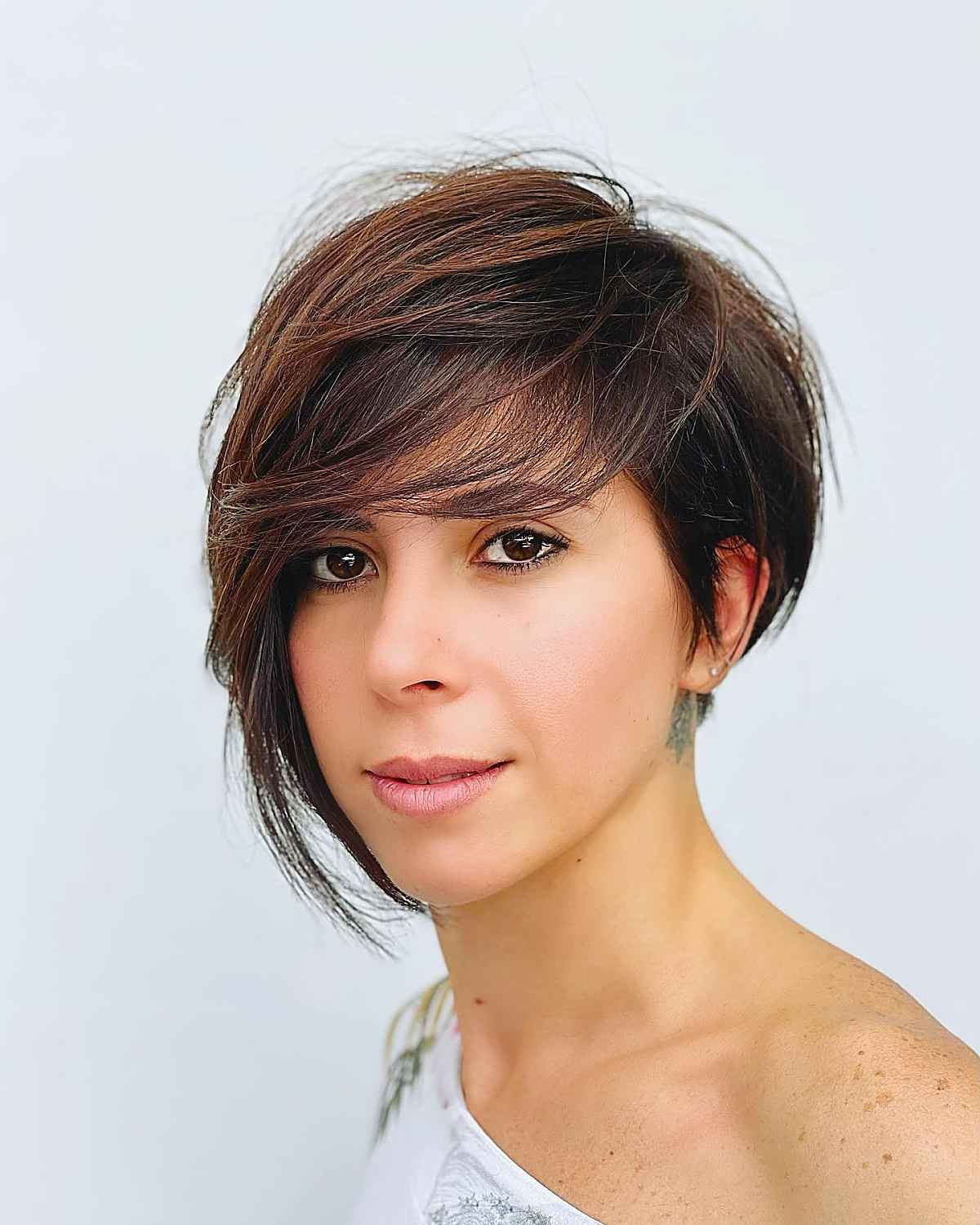 extra short haircut with full side-swept bangs