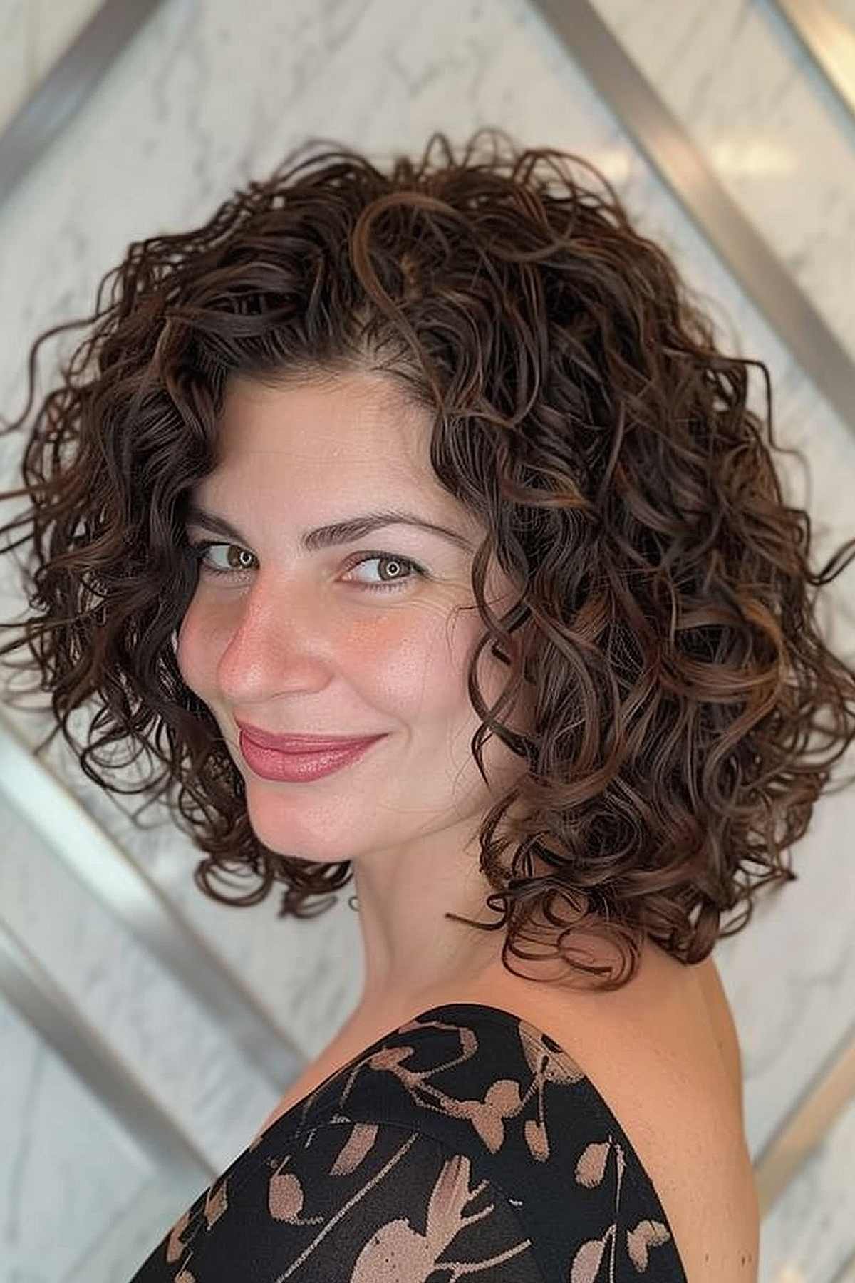 Face-framing A-line curly lob hairstyle with natural curls