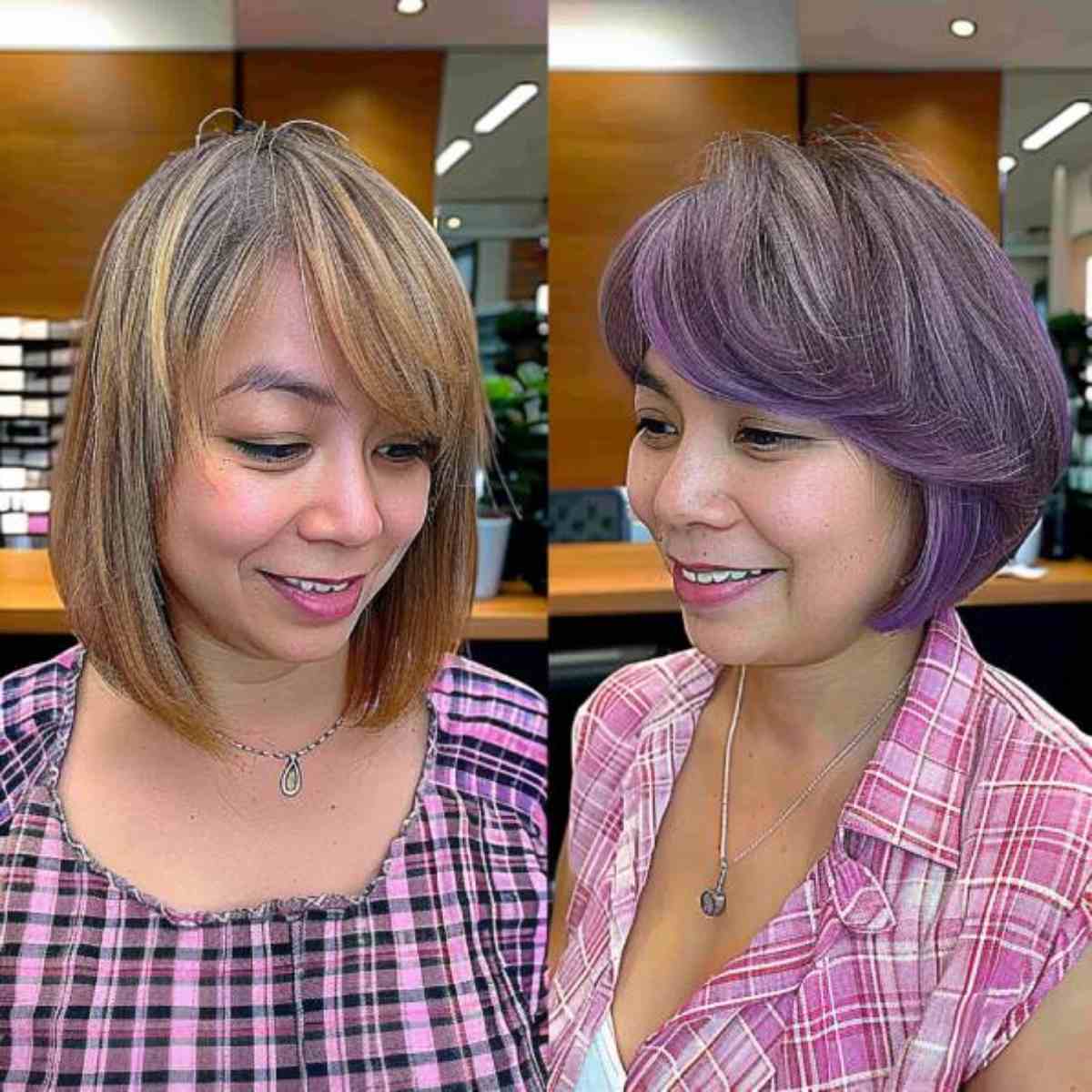 Medium caramel bob transformed to a vibrant purple chin-length layered bob, suited for oval face shapes.
