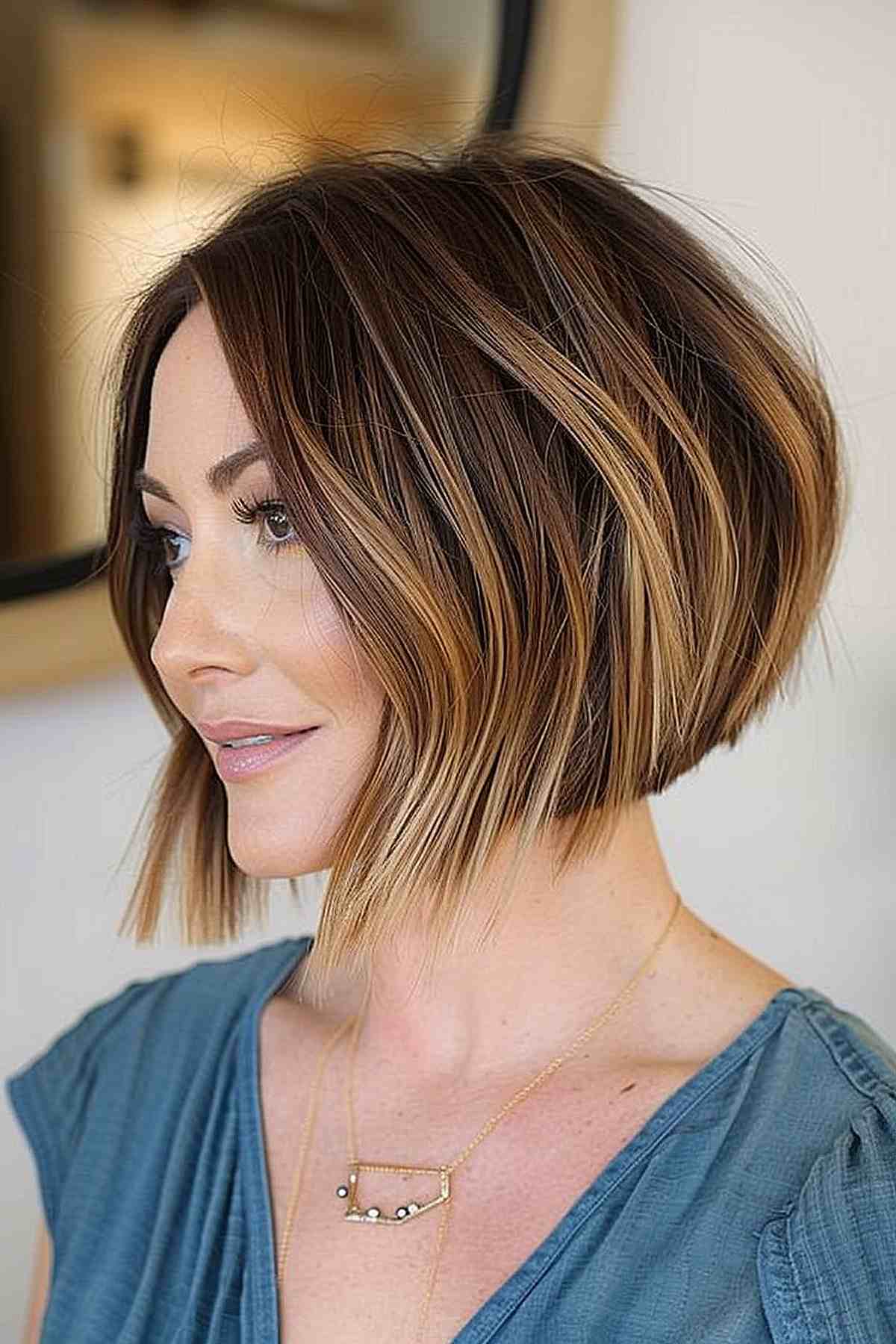 A chin-length inverted bob with subtle layers and sharp angles that frame the face.