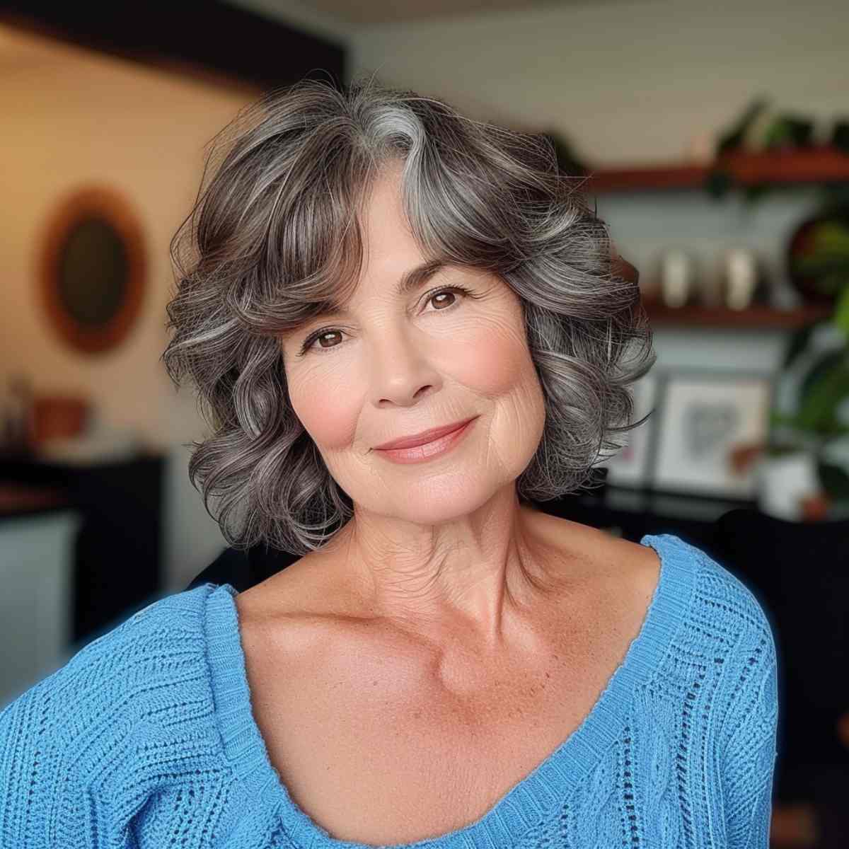 Face-Framing Curtain Bangs for Women Over 60 with short wavy hair