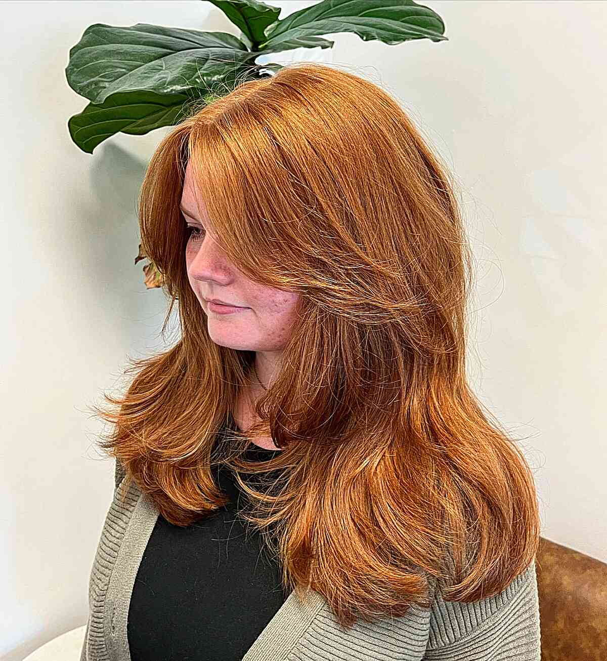 Face-Framing Elongated Layered Cut on Thick, Copper Hair