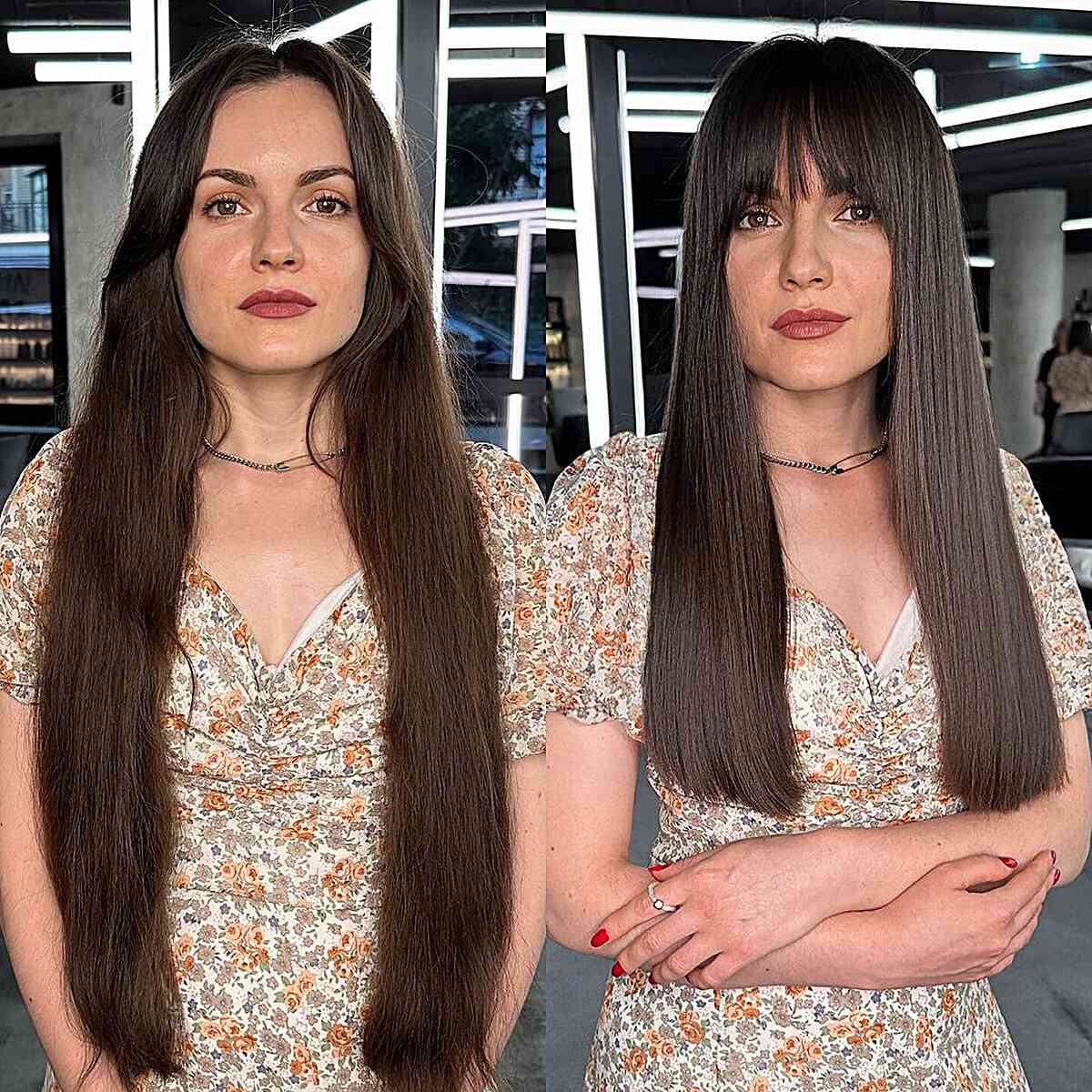 Face-Framing Fringe on Sleek Long Hair for Square Faces