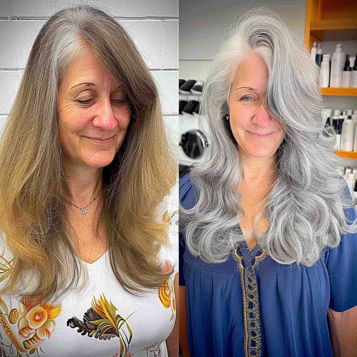  Face-framing layered cut showing the graceful transition to natural gray for older women.