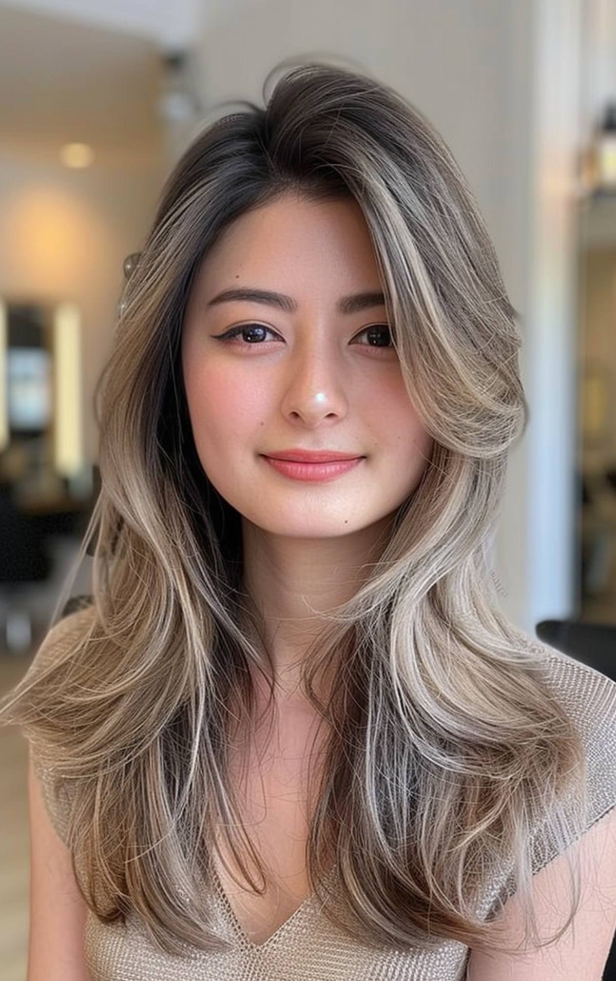 Long ash blonde hair with face-framing layers