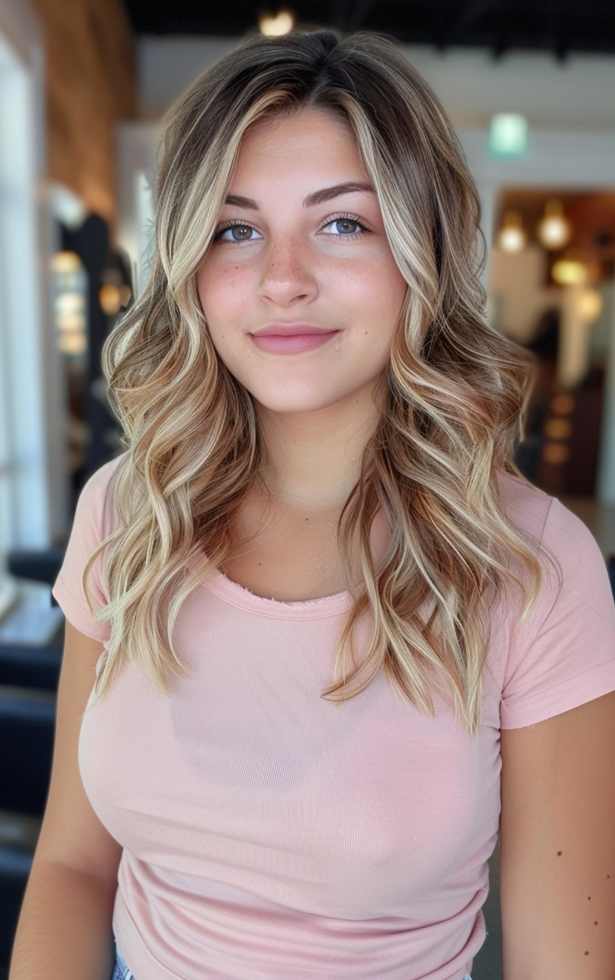 Medium-length wavy hair with face-framing layers and blonde highlights