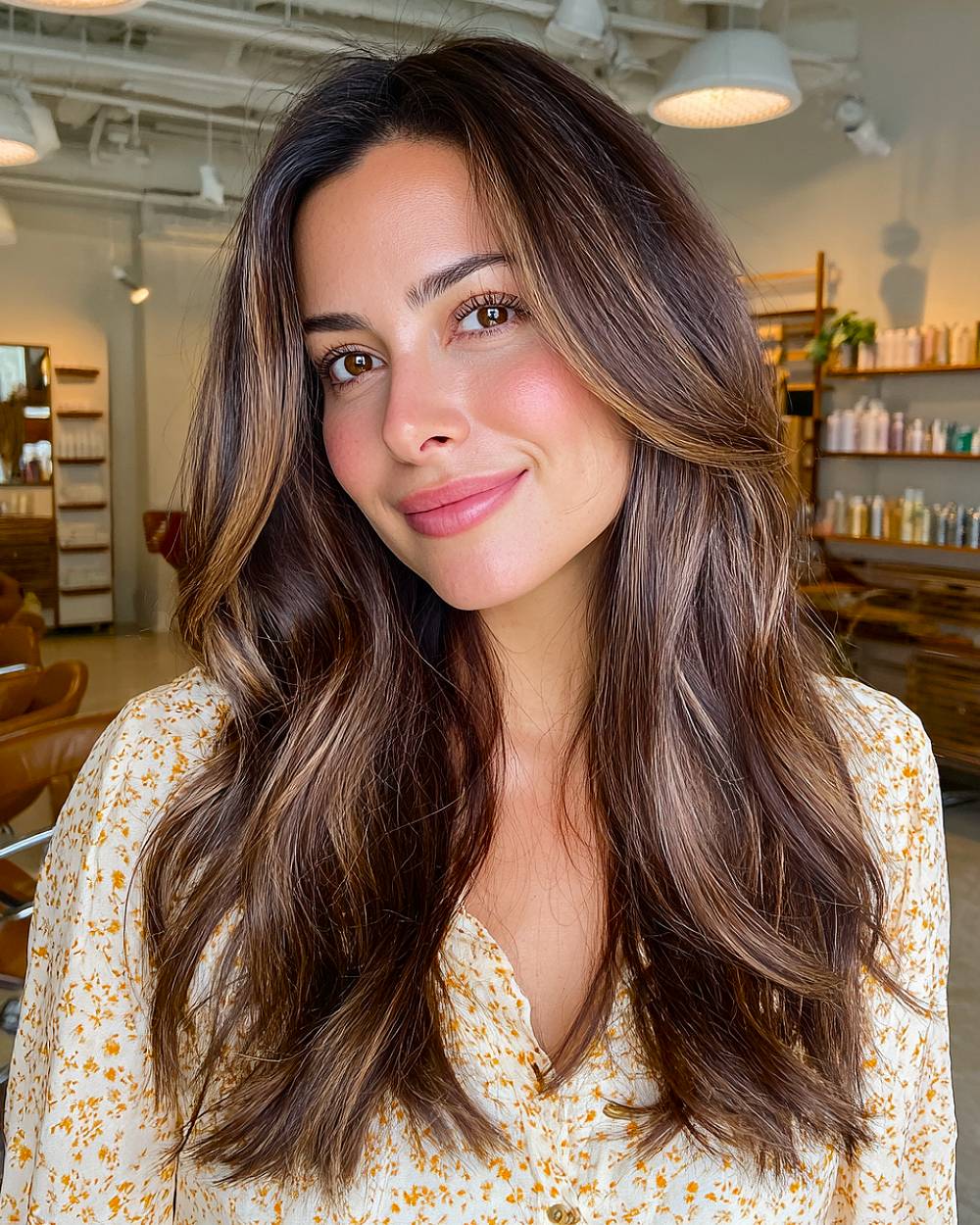 Long layered haircut with face-framing layers and soft waves for natural volume and movement