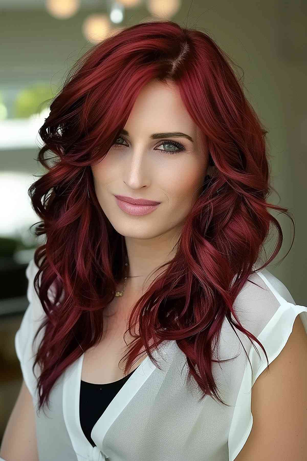 Fair skin complementing wavy cherry red hair with a side part.