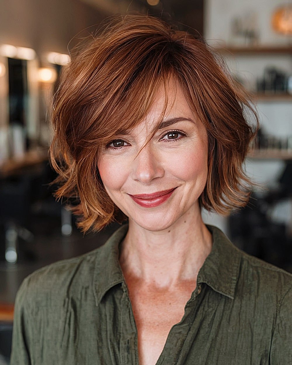 Short chestnut bob with flip-out ends and side-swept fringe, great for fall and fine to medium hair