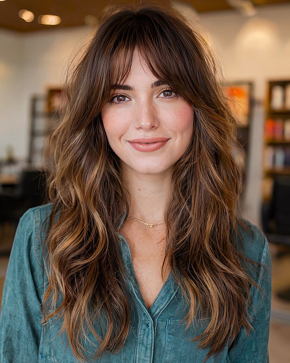 Chocolate walnut long shag with curtain bangs and loose waves, ideal fall hairstyle for long hair