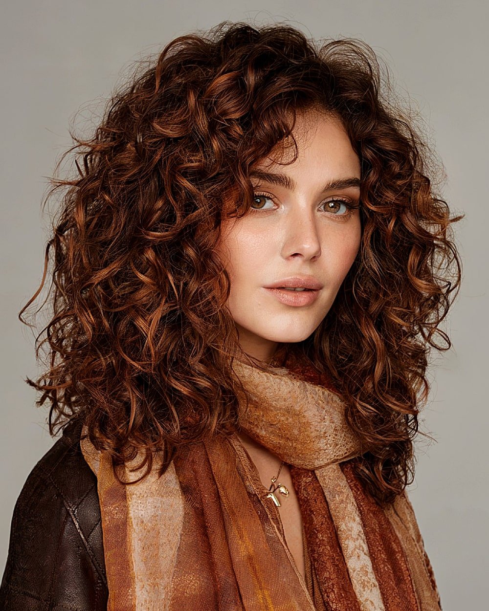 Shoulder-length curly hair with cider brown color and layered shape, perfect fall curls for volume