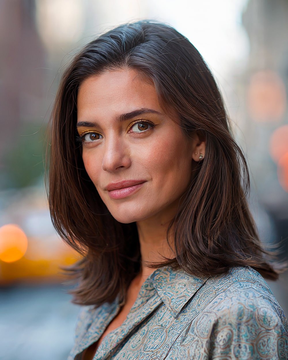 Sleek espresso brown midi cut with blunt ends and minimal layering for a polished fall hairstyle