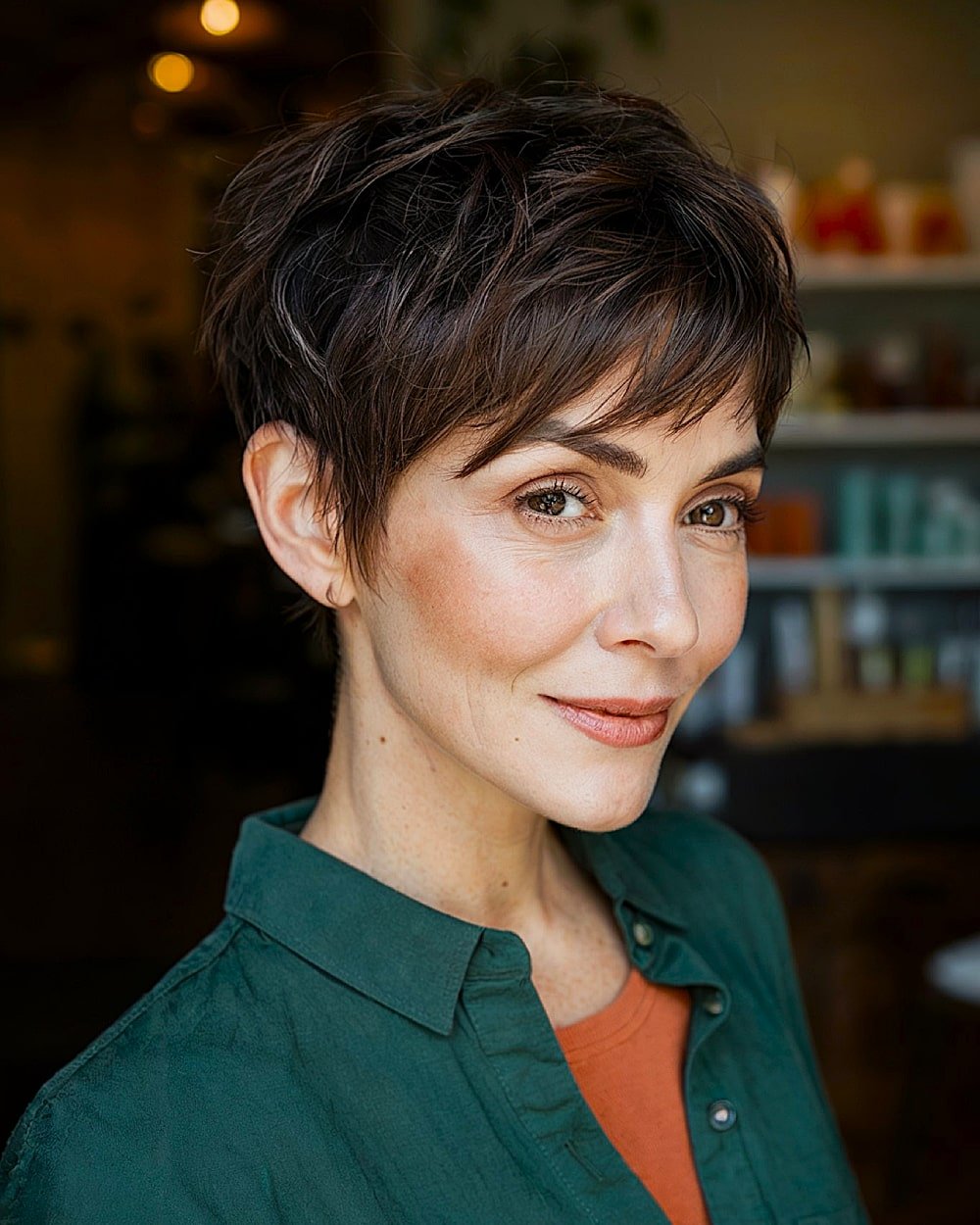 Short espresso brown textured crop with piecey layers and micro fringe for a bold fall haircut