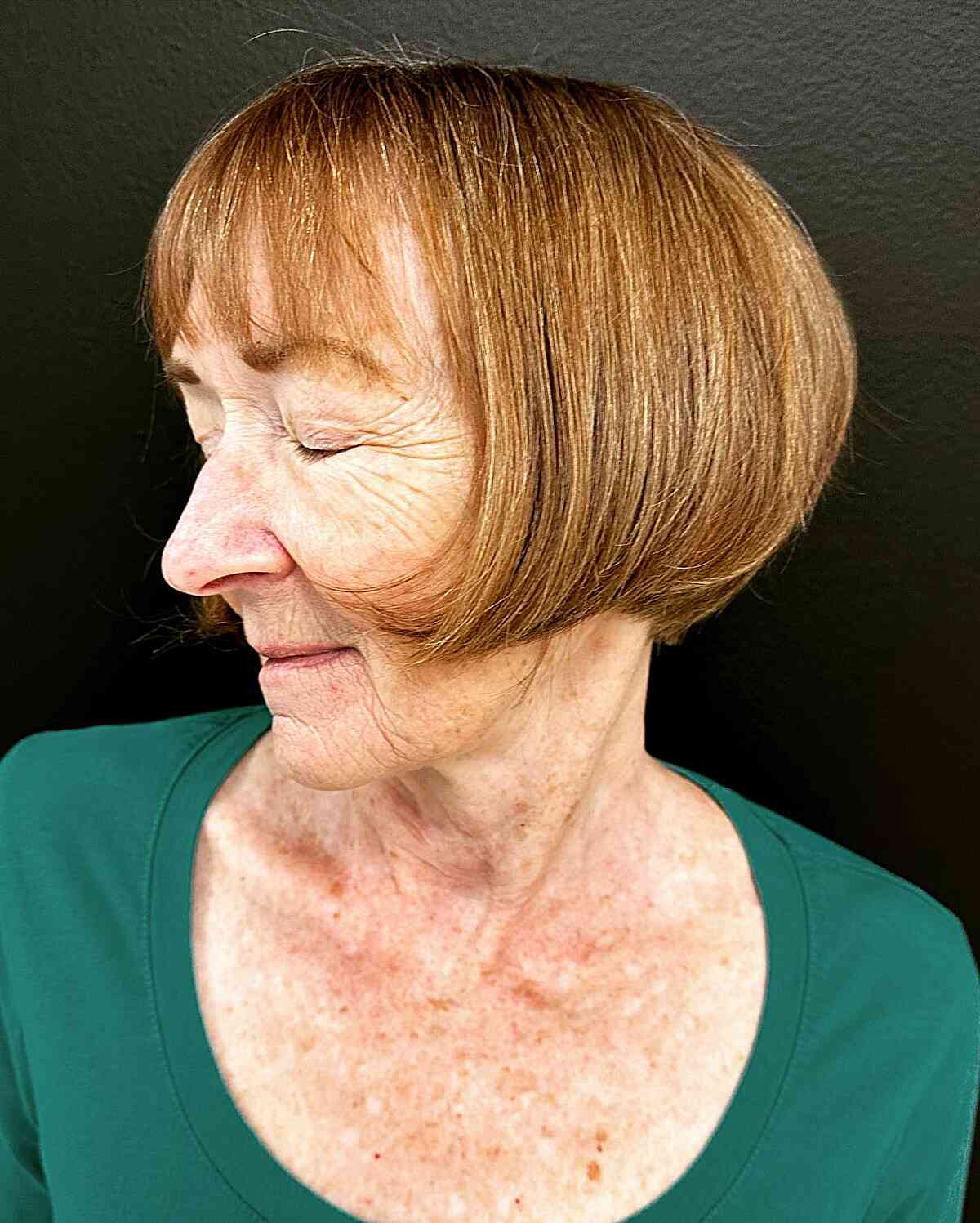 Fall Golden Brown Mini Bob with Bangs for 70-year-old Women