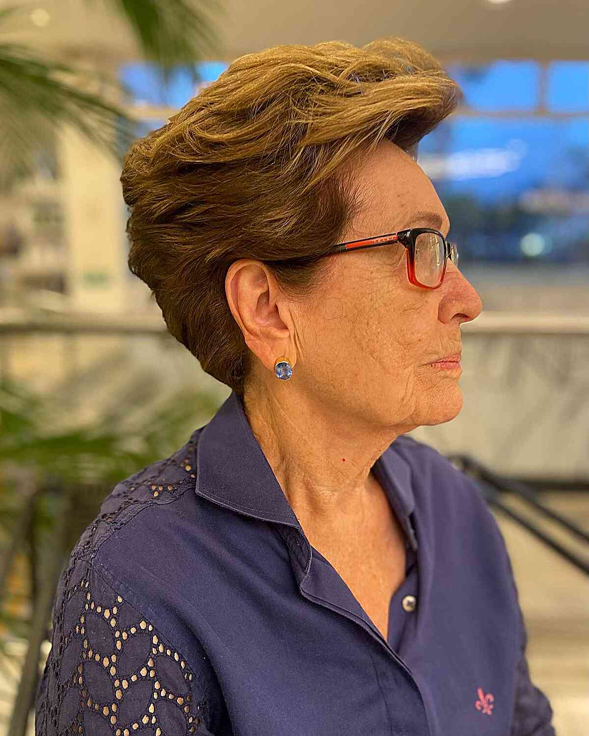 Fall Short Golden Brown Wavy Pixie for Seniors with Glasses