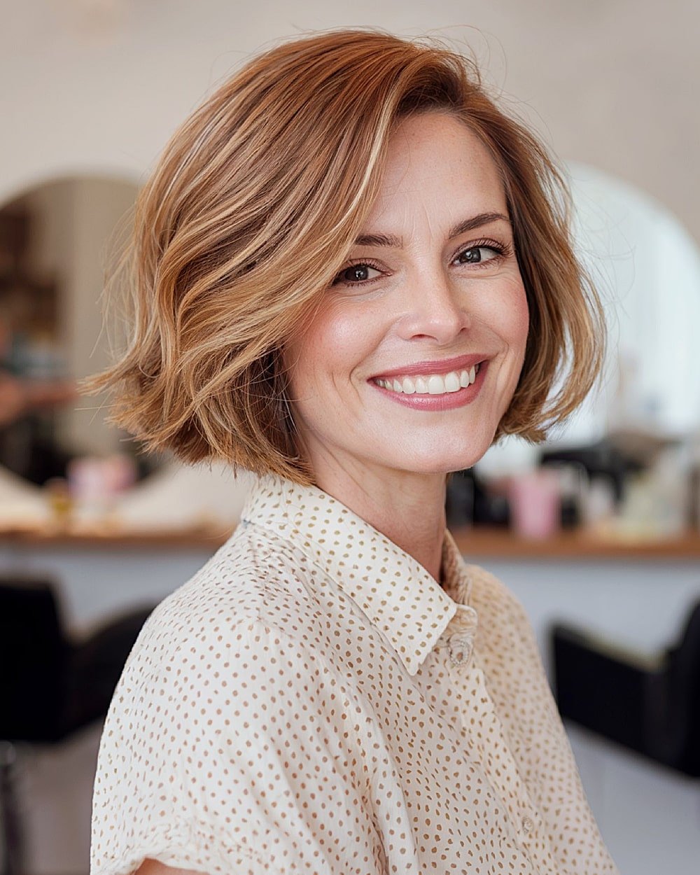 Golden hazelnut short bob with swoopy layers and side part for a flattering fall hairstyle
