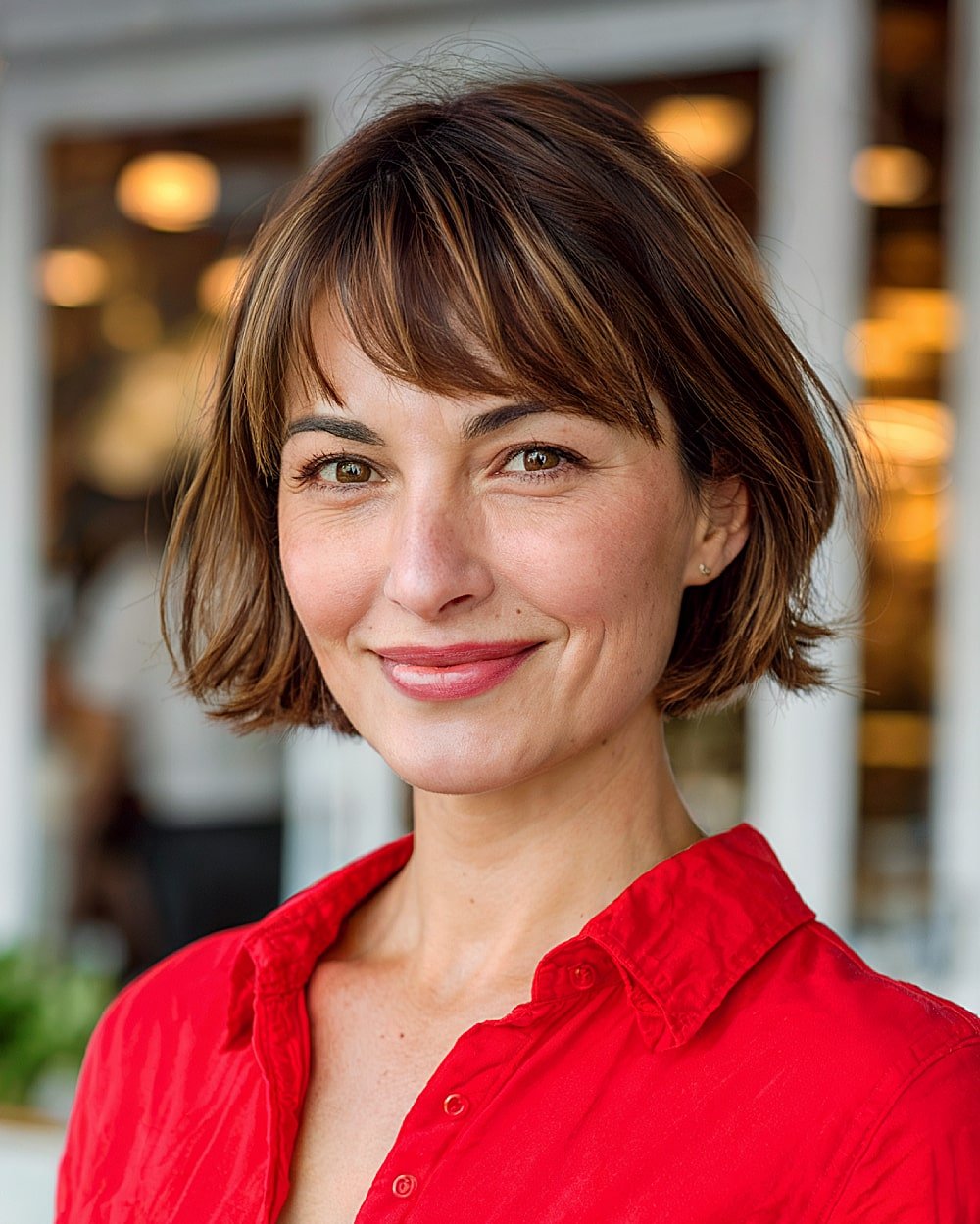 Short hazelnut brown bob with swoop bangs and layered ends for a soft fall hairstyle