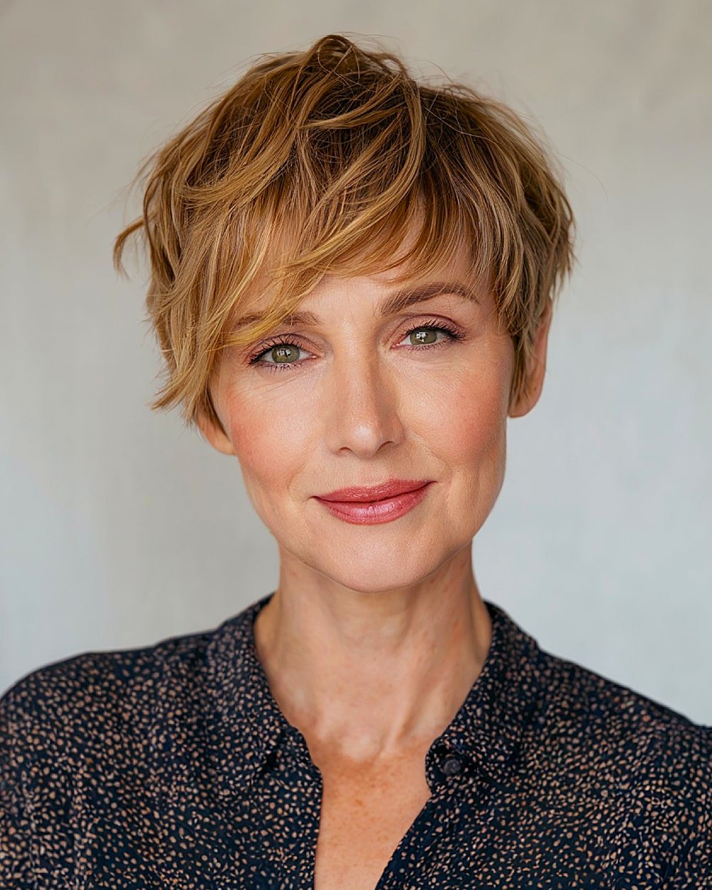 Textured honey almond grown-out pixie with long bangs and soft layers for a fall-ready short cut