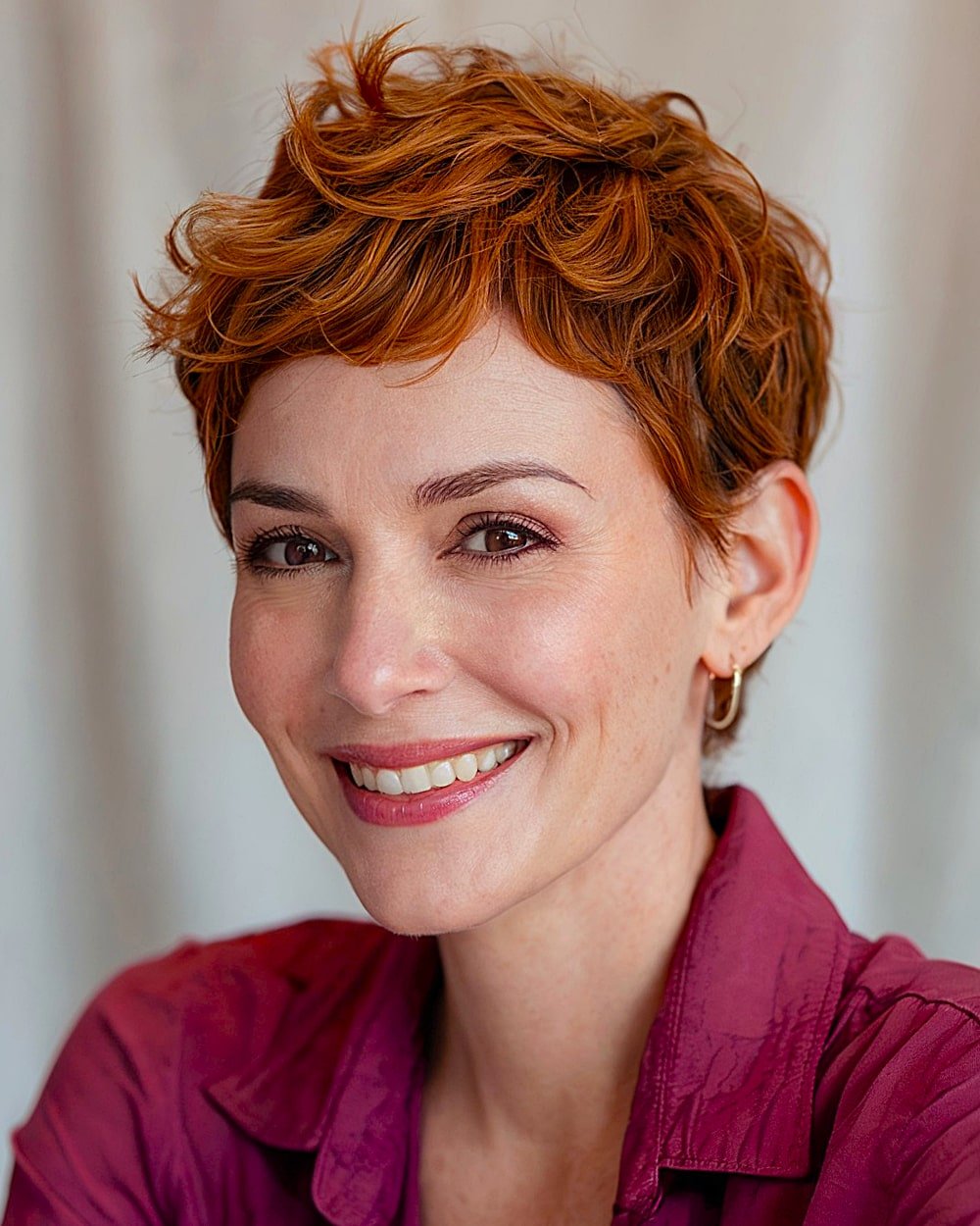 Textured pixie cut with honey chestnut color and tousled layers, perfect for fall and short hair lovers