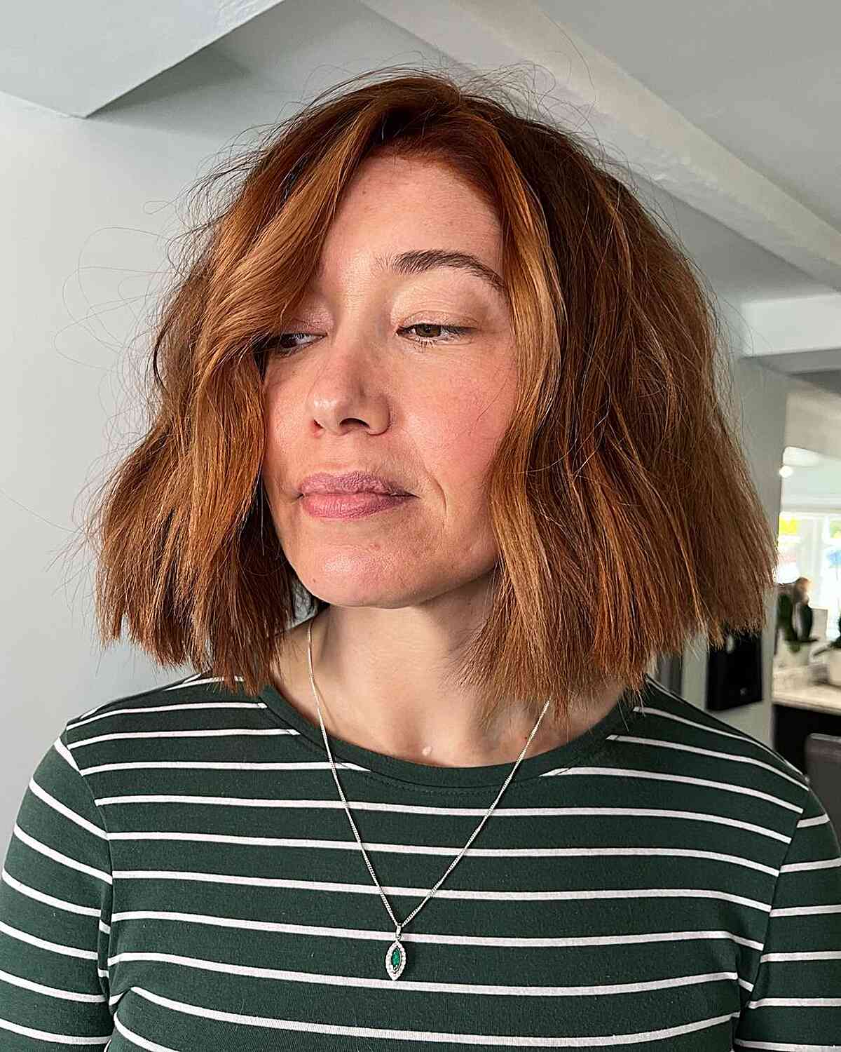 Fall-Inspired Soft Copper Balayage Bob for Ladies Aged 40