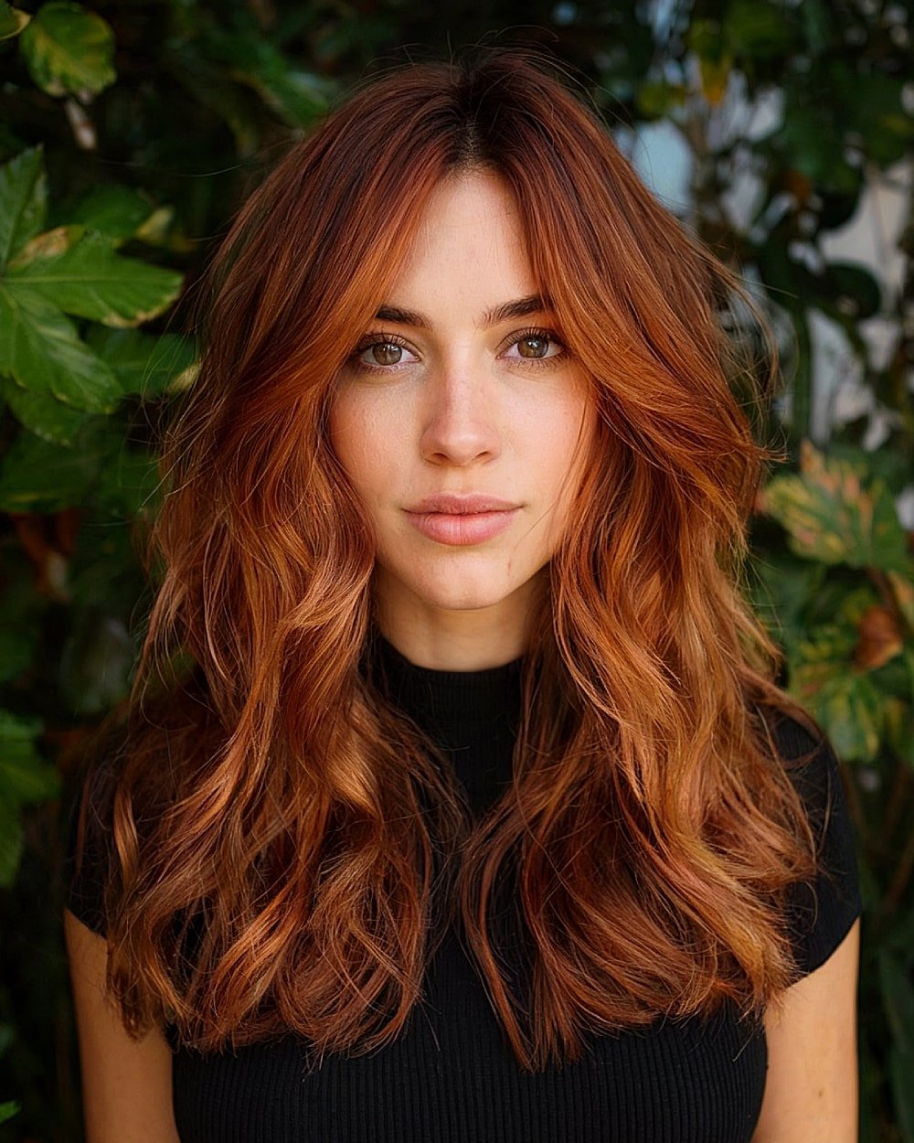 Long maple red layered waves with center part and subtle highlights for a warm fall-inspired hairstyle