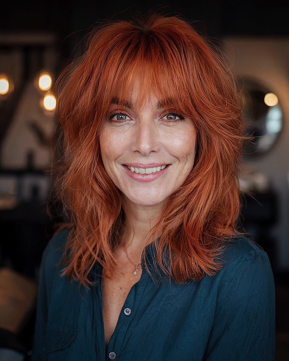 Pumpkin latte layered shag with curtain bangs and choppy texture, perfect fall haircut for thick hair