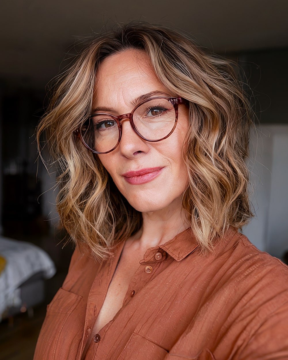 Sandy caramel wavy lob with face-framing layers and glasses-friendly texture for fall hairstyle ideas