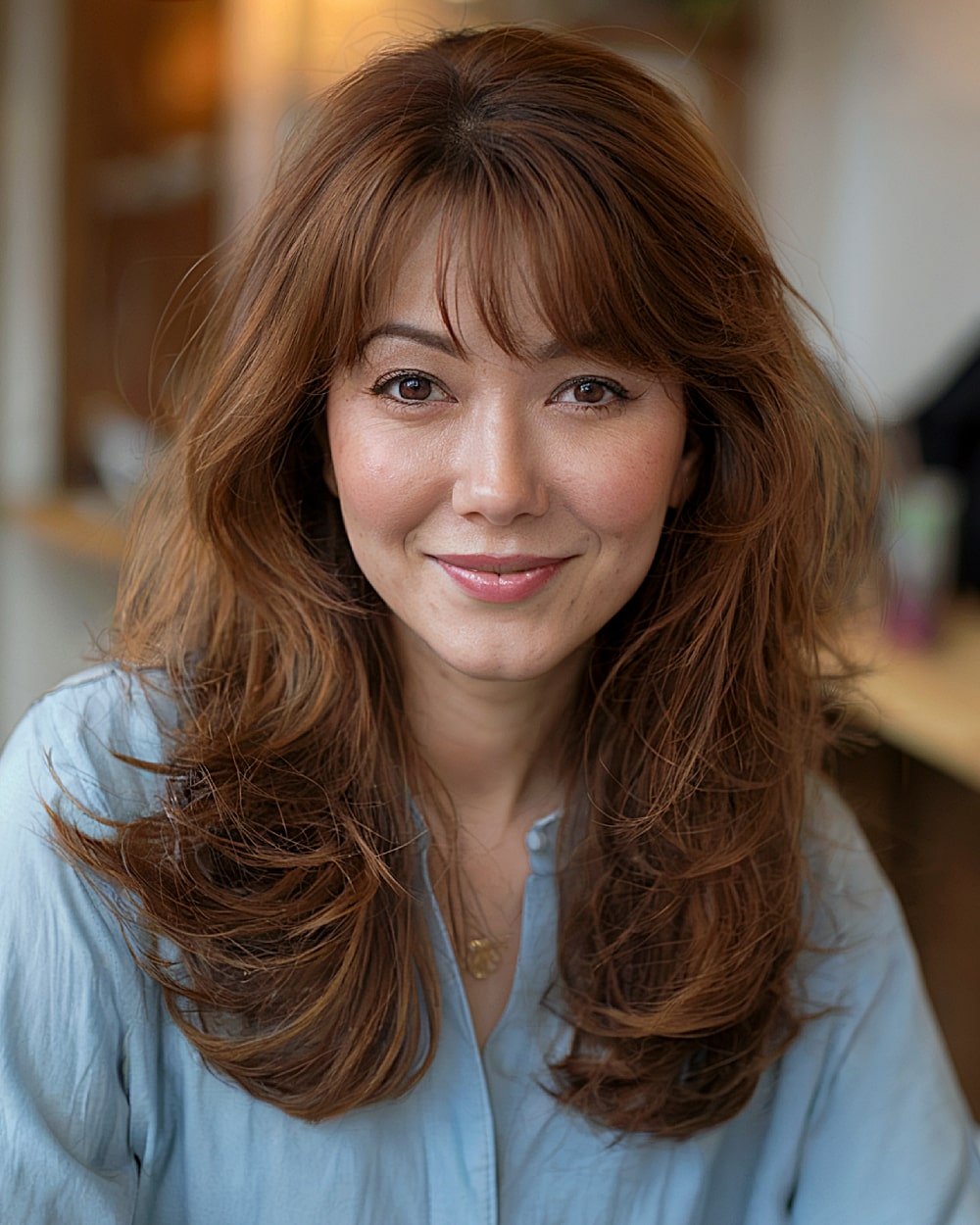 Smoky auburn layered haircut with wispy bangs and voluminous fall styling for thick medium to long hair
