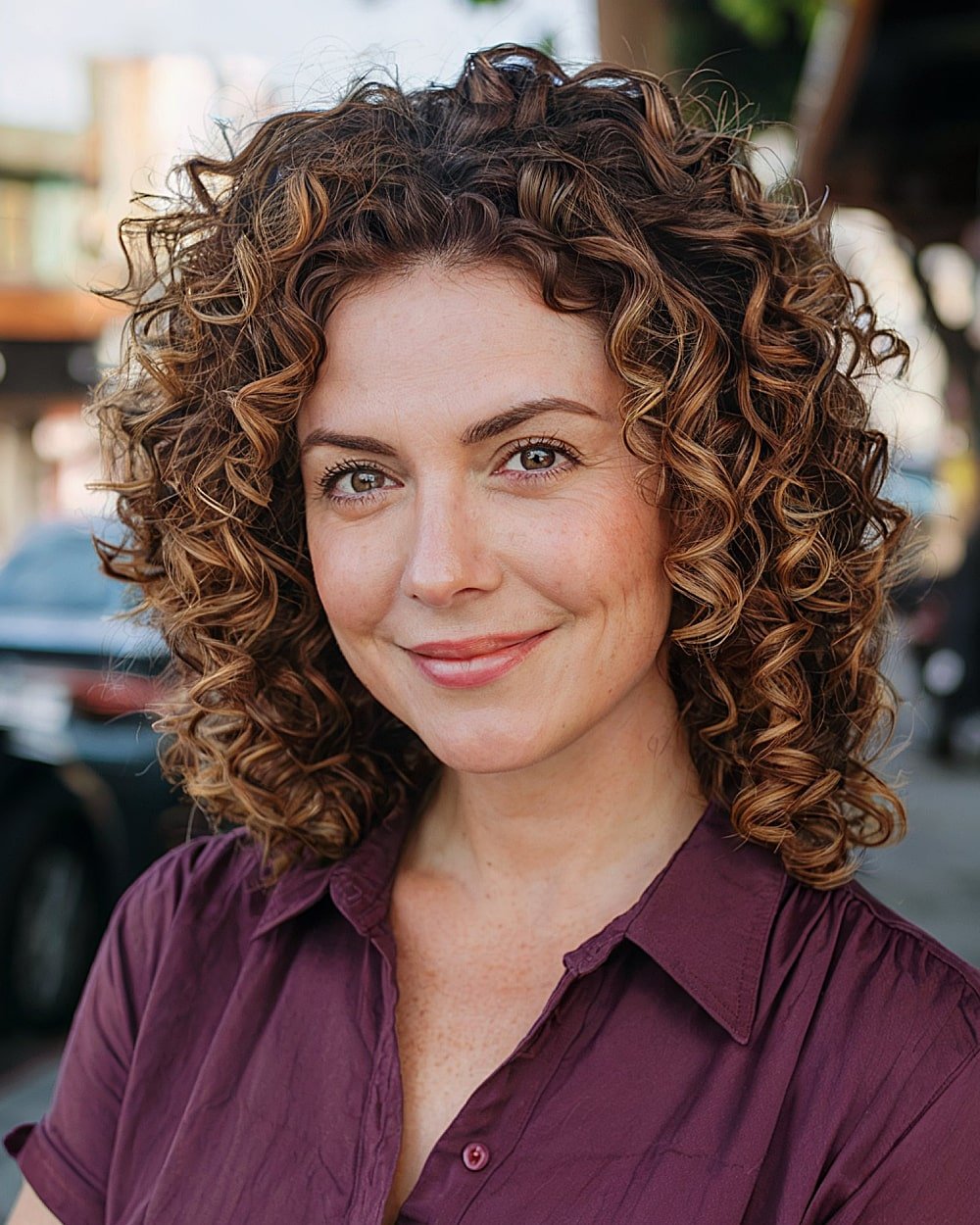 Shoulder-length curly haircut in soft pecan brown with layered shape for fall curly hair ideas