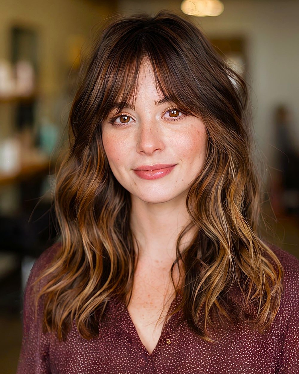 Medium-length toffee brown waves with curtain bangs and subtle balayage, great fall hairstyle idea