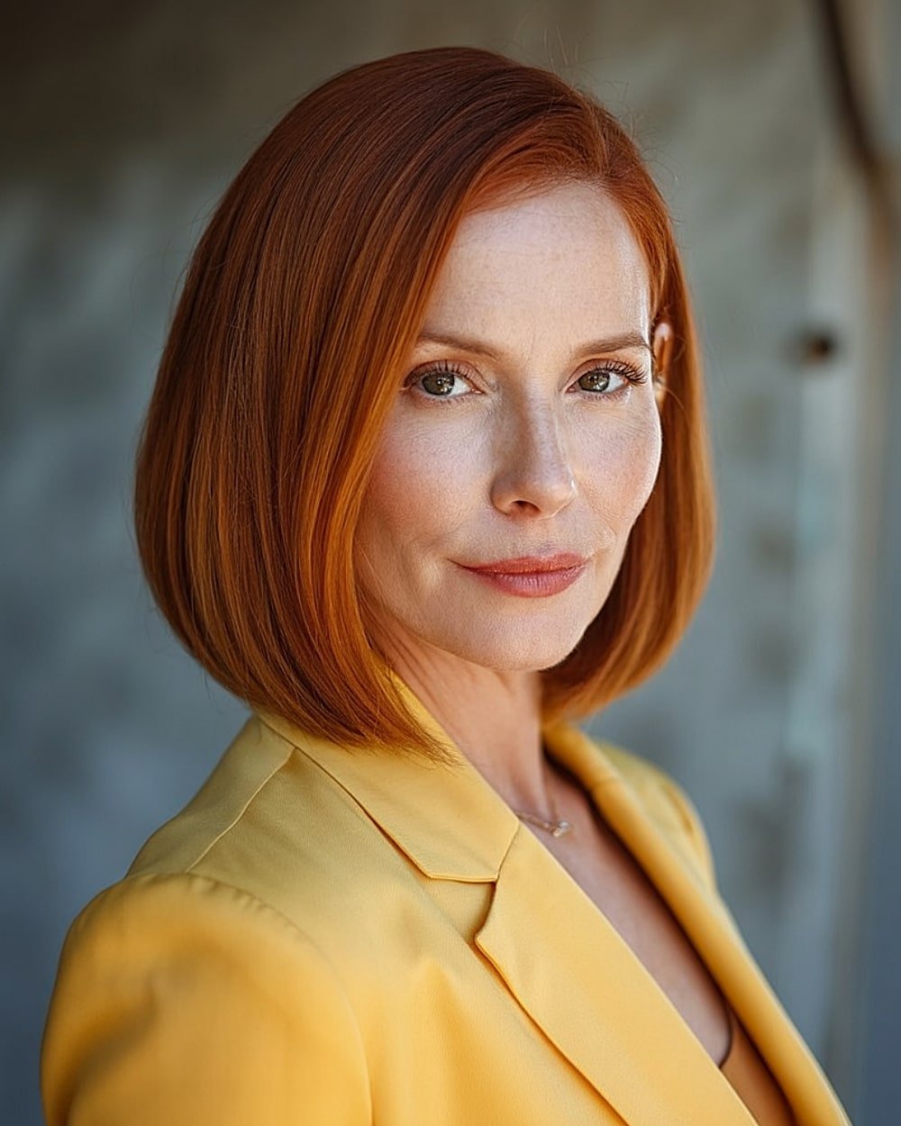Angled lob in warm copper red with sleek finish and subtle layering for fall haircut inspiration