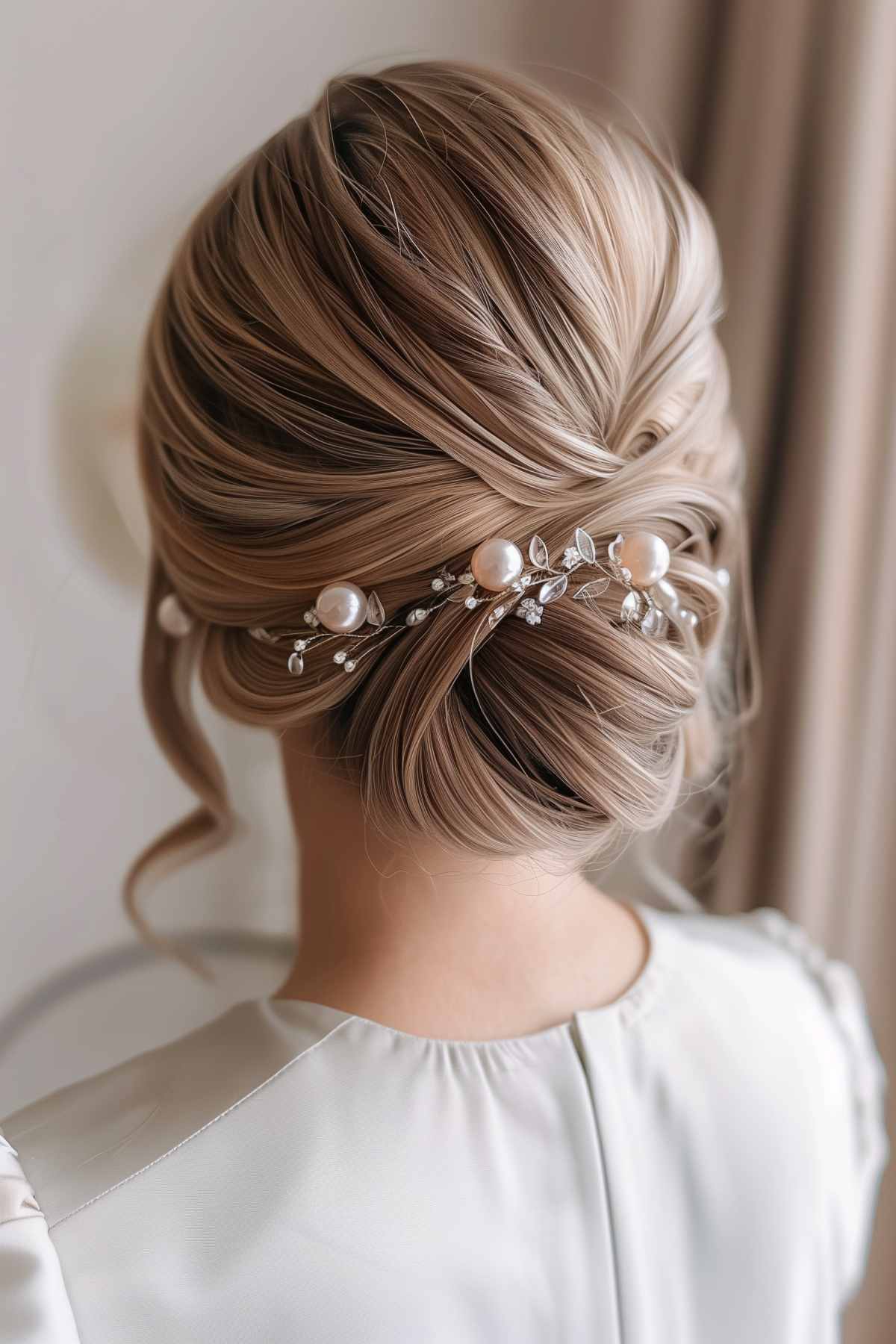 Fancy easy updo with a smooth twisted bun and pearl hair accessory