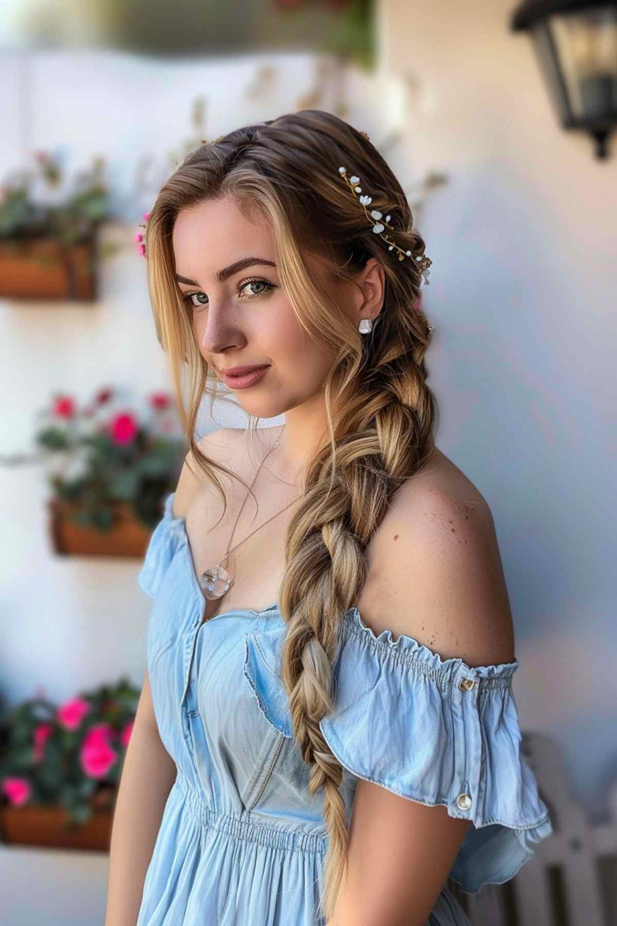 Woman with a thick side braid and hair accessories, perfect for formal occasions