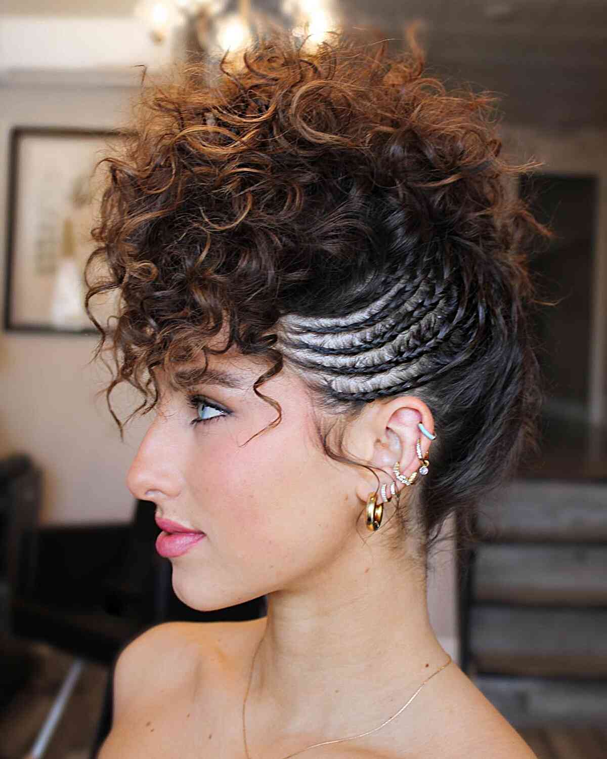 Faux Hawk Curly Updo with Tiny Braids on the side for Prom
