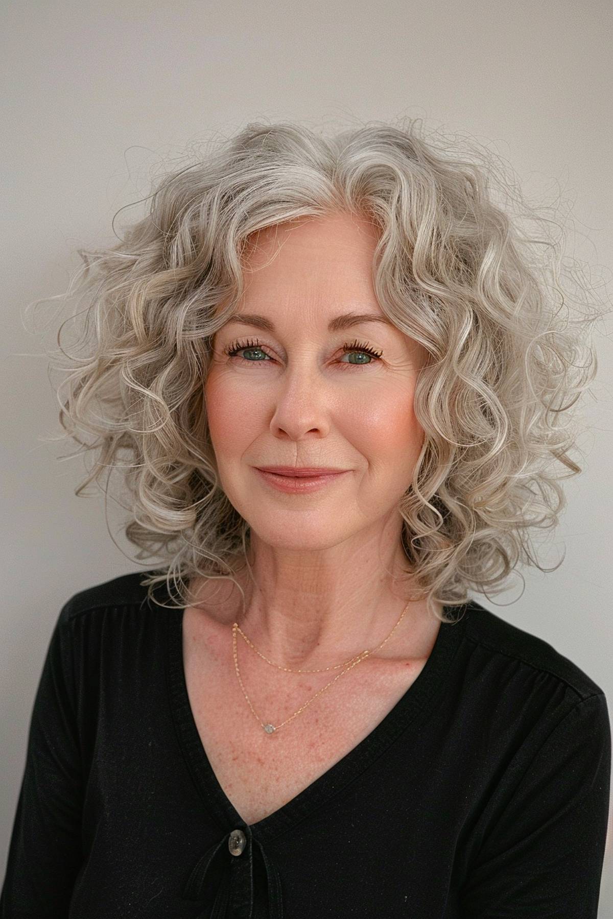 Feathered curly bob haircut for older women with soft, airy curls