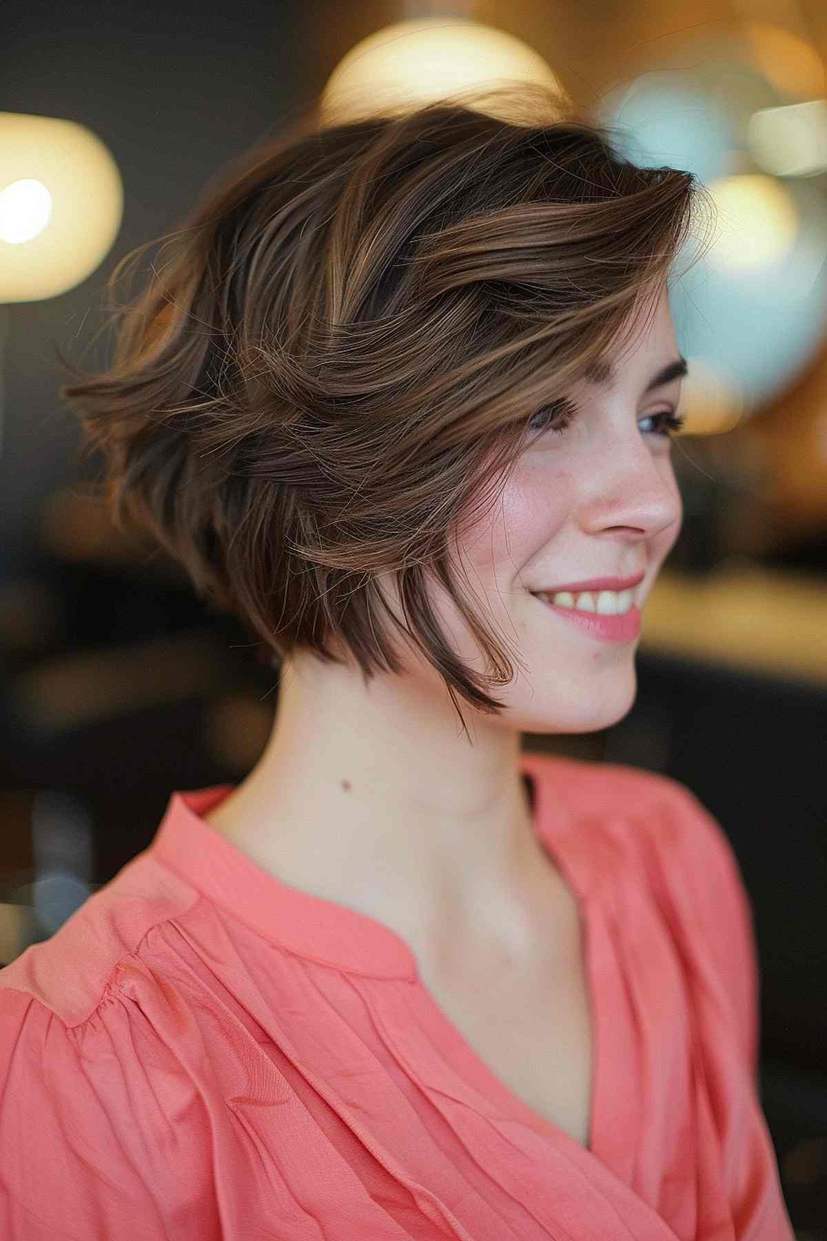 A feathery A-line bob with chin-length hair and soft, fluffy ends.