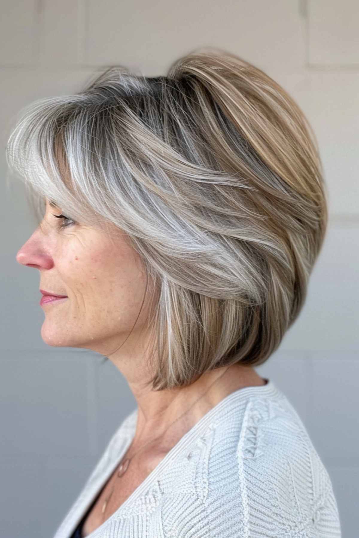 Woman with a feathered bob haircut, feathered layers, sophisticated style