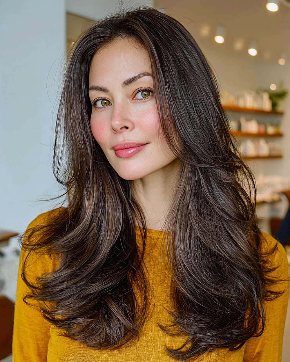 Long feathered layered haircut for thick brunette hair with soft face-framing layers