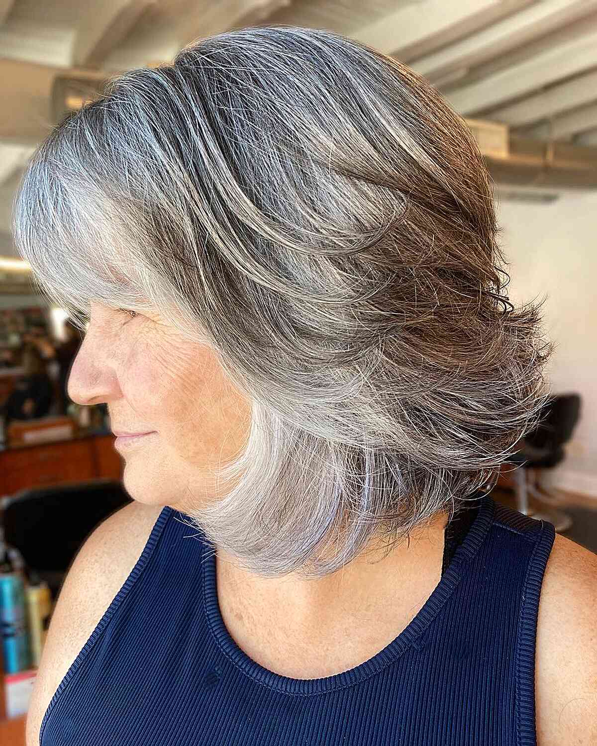 Feathered Grey Balayage Hair for Old Ladies
