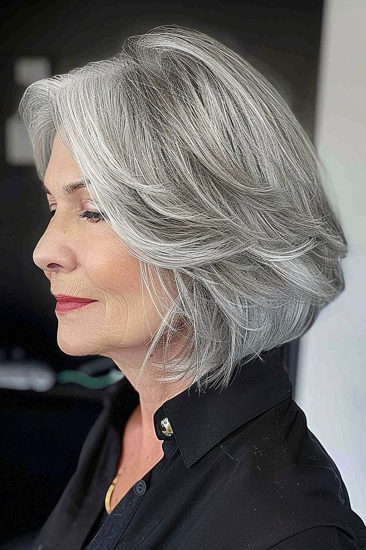 feathered grey bob for older women
