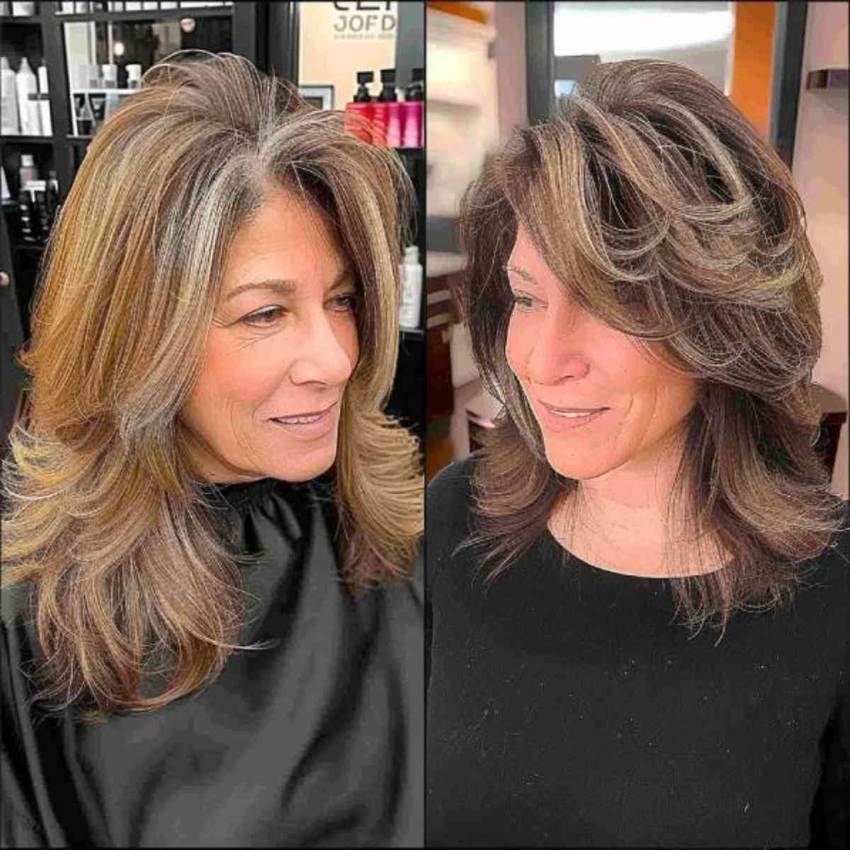 Feathered Layered Medium Hairstyle with Blonde Highlights for Women Over 50