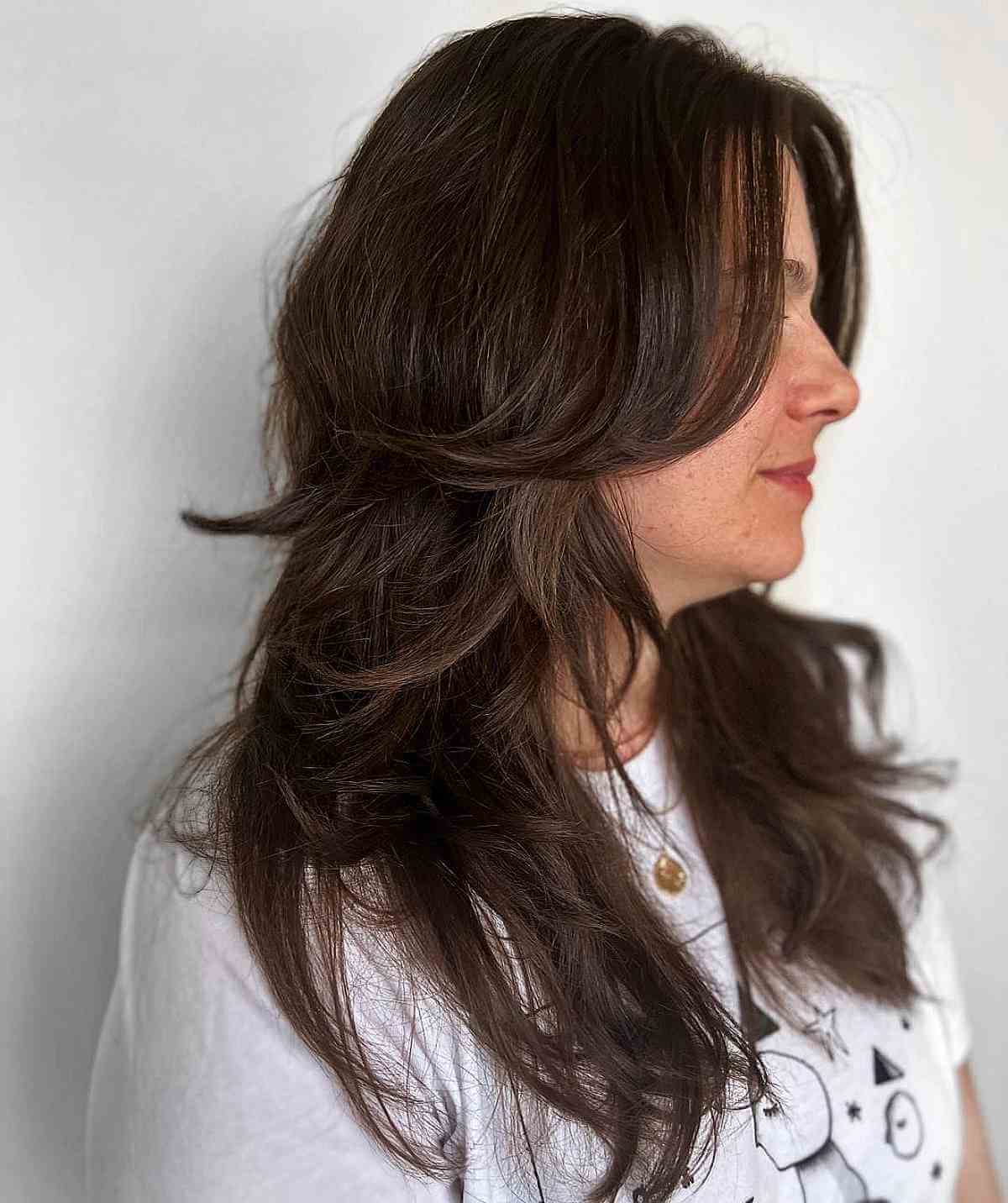 Feathered Layers on Shagged Hair on a Woman in Her 40s