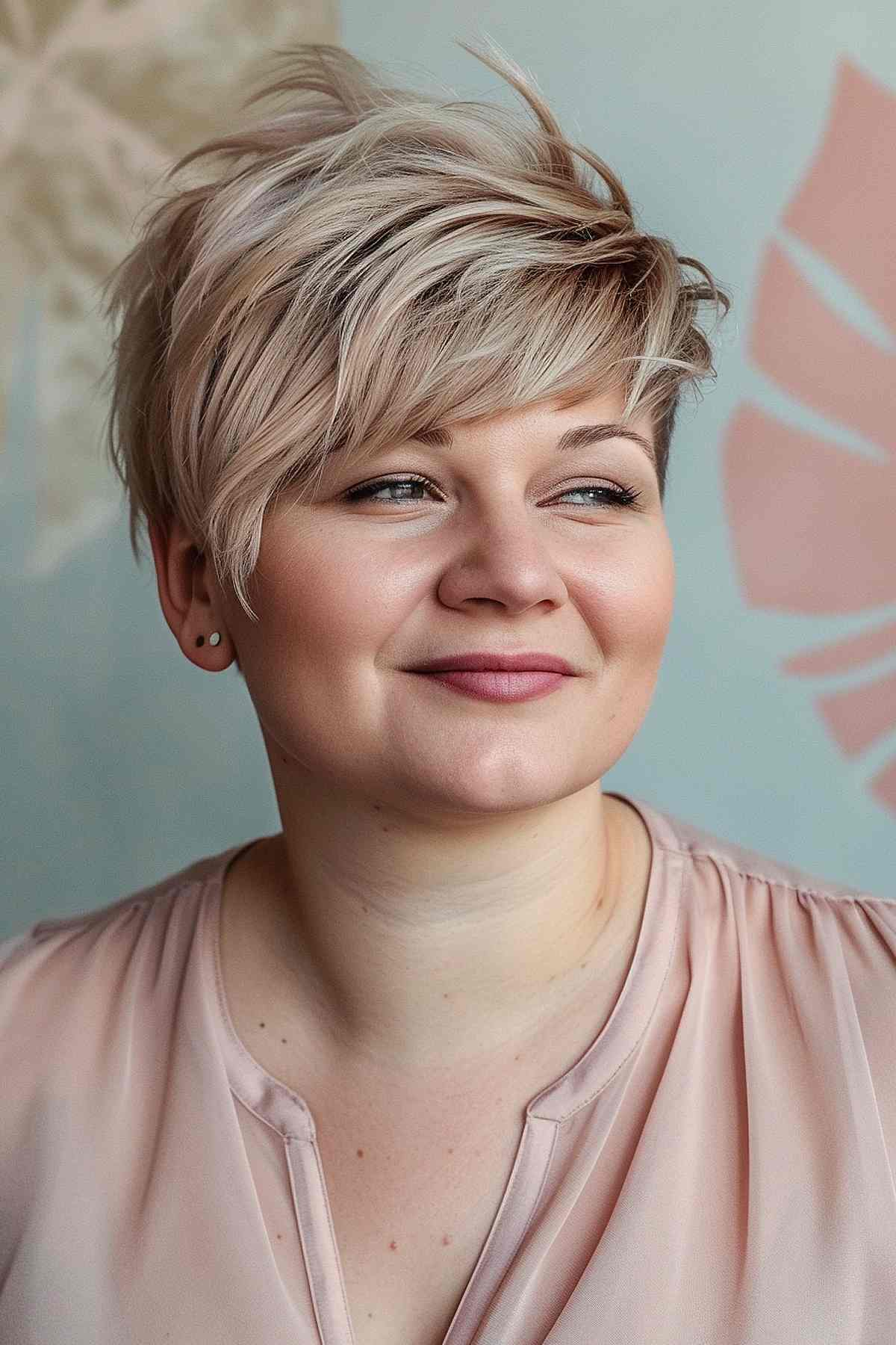 Feathered pixie bob with side-swept bangs for fine to medium hair